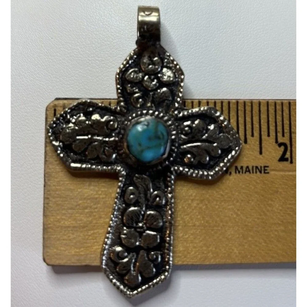 German Silver Cross Pendant Turquoise Cabochon Nepal Tibetan Floral Scroll